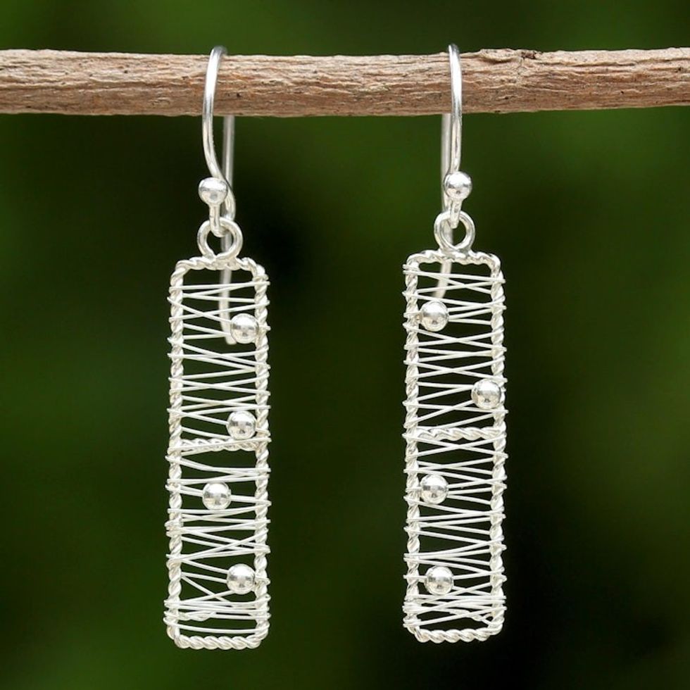Sterling Silver Rectangular Wire Thai Dangle Earrings 'Chiang Mai River'