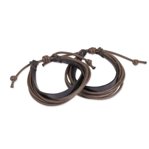 Alternate image for Mens Black Leather and Brown Cotton Bracelets Pair Bold Brown Contrast