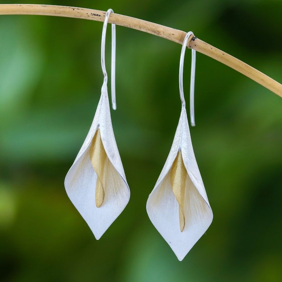 Floral Theme Handmade Gold Accented Sterling Silver Earrings 'Serene Lily'