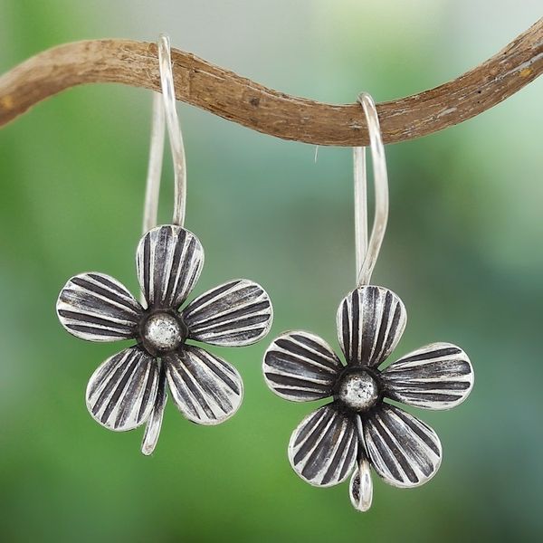 Alternate image for Polished Floral Silver Drop Earrings Crafted in Thailand Elegance Blooms
