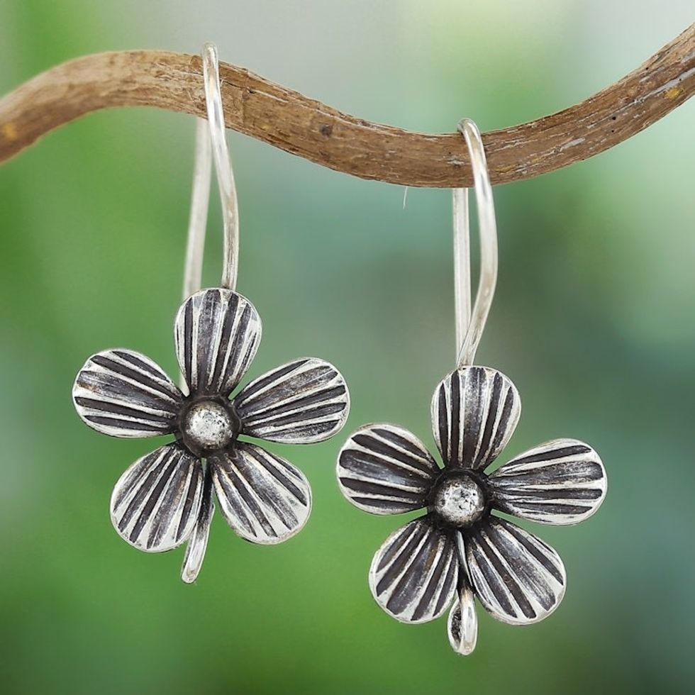 Polished Floral Silver Drop Earrings Crafted in Thailand 'Elegance Blooms'