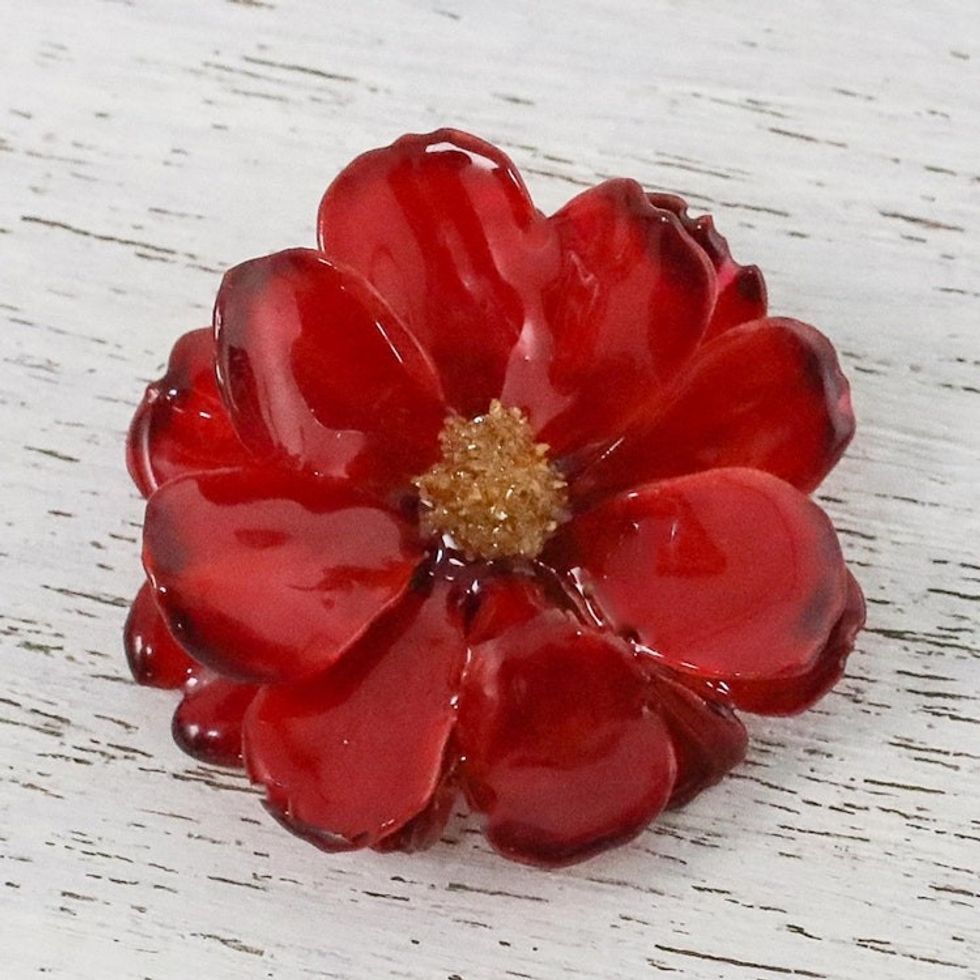 Natural Cosmos Flower Brooch in Crimson from Thailand 'Blooming Cosmos in Crimson'