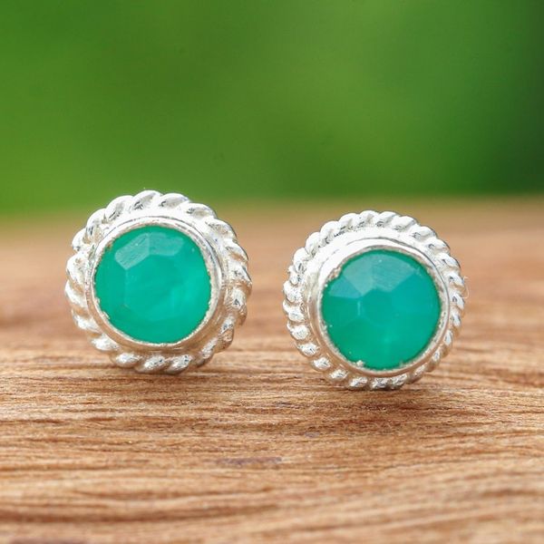 Alternate image for Sterling Silver Stud Earrings with Round Chalcedony Gems Balance Elements