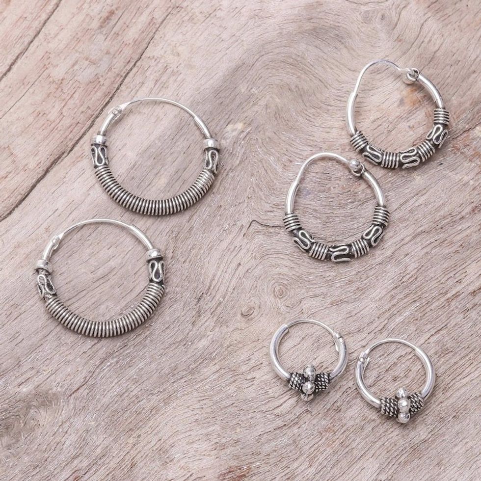 Sterling Silver Hoop Earrings Crafted in Thailand Set of 3 'Thai Patterns'