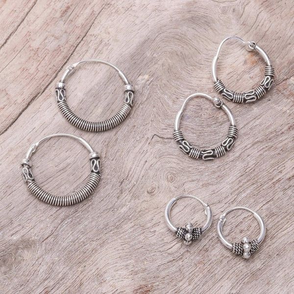 Alternate image for Sterling Silver Hoop Earrings Crafted in Thailand Set of 3 Thai Patterns