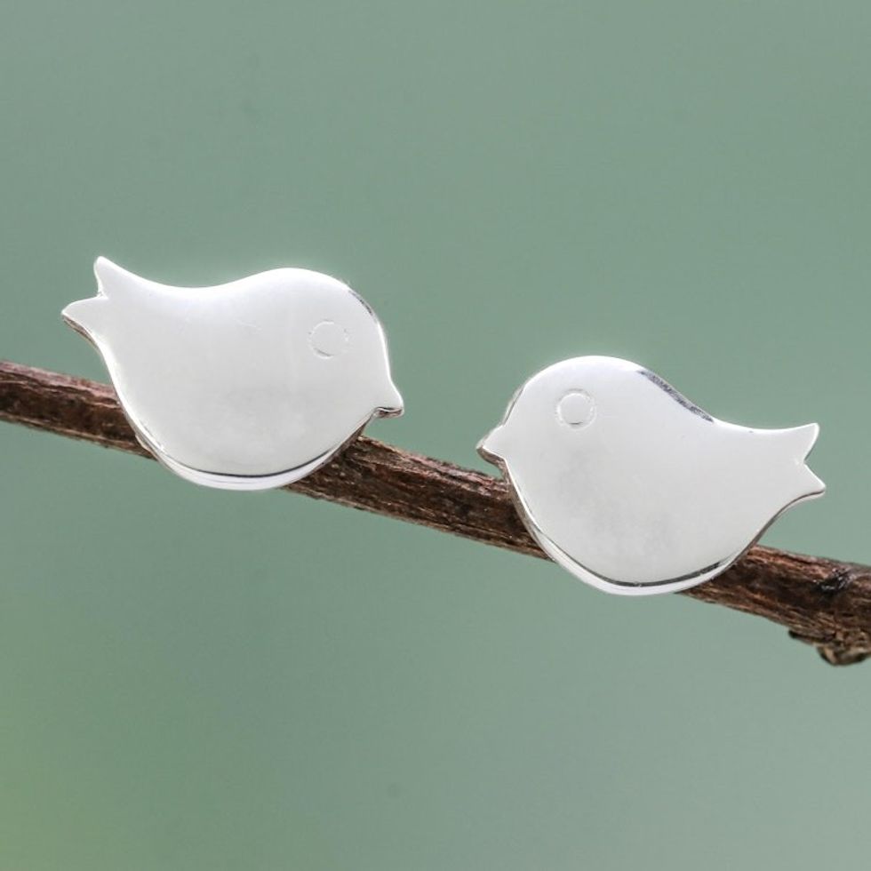 Handcrafted Sterling Silver Bird Stud Earrings from Thailand 'Little Birds'