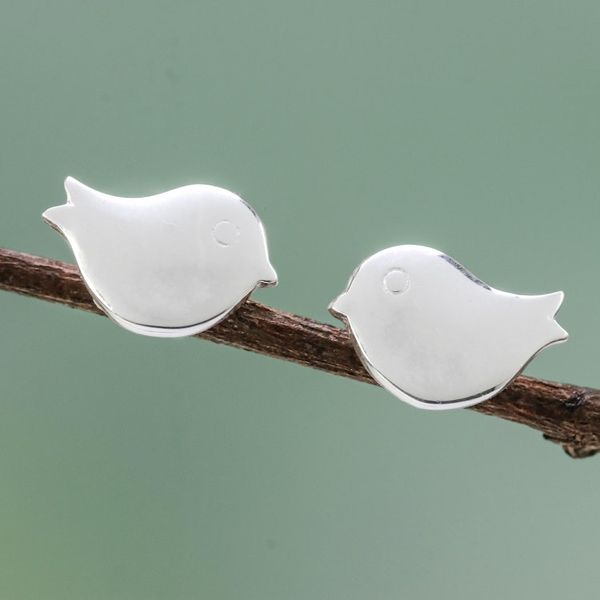 Alternate image for Handcrafted Sterling Silver Bird Stud Earrings from Thailand Little Birds