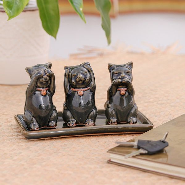 Alternate image for Celadon ceramic figurines Cats Shun Evil