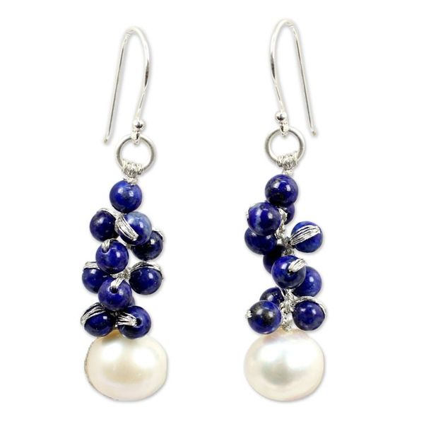 Alternate image for Handmade Cultured Pearl and Lapis Lazuli Cluster Earrings Blue Sonata