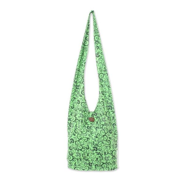 Alternate image for Spring Green Floral and Vine Motif 100 Cotton Shoulder Bag Pretty Tendrils