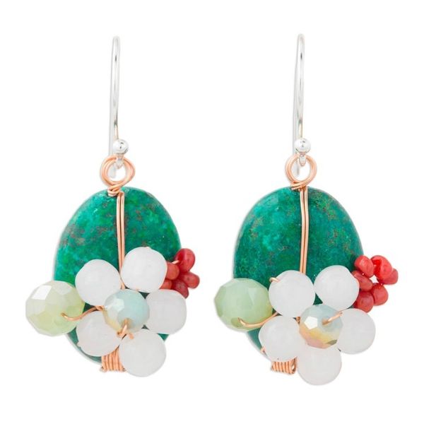 Alternate image for Serpentine Quartz and Glass Bead Dangle Earrings with Copper Garden Bliss in Teal