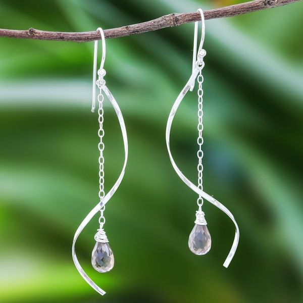 Alternate image for Smoky Quartz Dangle Earrings with Sterling Spirals Solar Spin