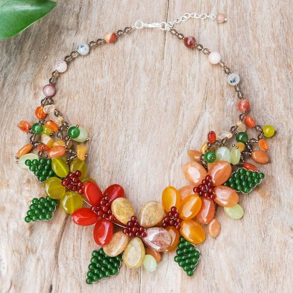 Alternate image for Warm and Green-Toned Floral Multi-Gemstone Beaded Necklace Summer Petals