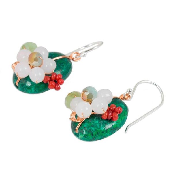 Alternate image for Serpentine Quartz and Glass Bead Dangle Earrings with Copper Garden Bliss in Teal