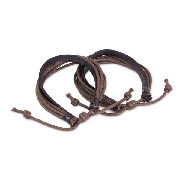 Alternate image for Mens Black Leather and Brown Cotton Bracelets Pair Bold Brown Contrast