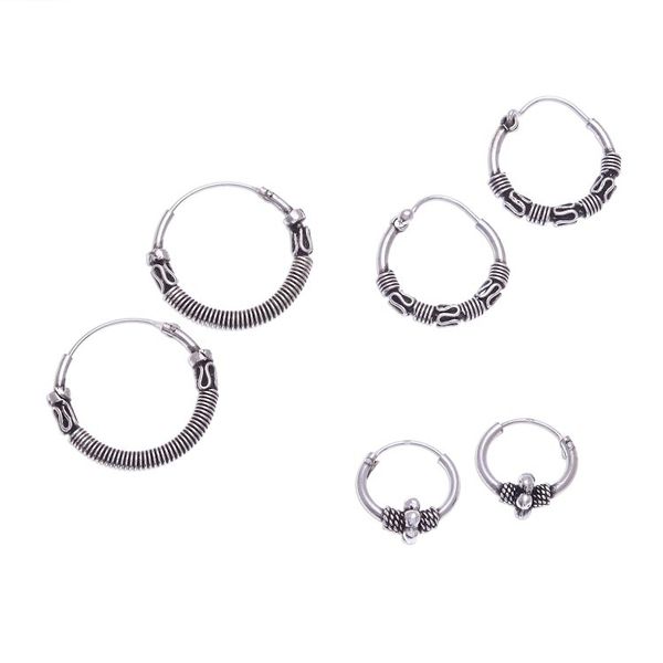 Alternate image for Sterling Silver Hoop Earrings Crafted in Thailand Set of 3 Thai Patterns