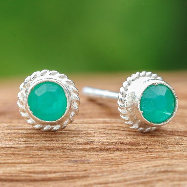 Alternate image for Sterling Silver Stud Earrings with Round Chalcedony Gems Balance Elements