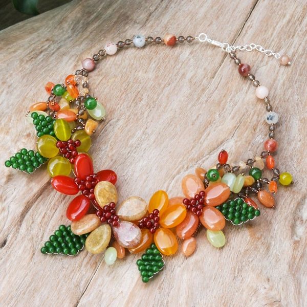 Alternate image for Warm and Green-Toned Floral Multi-Gemstone Beaded Necklace Summer Petals