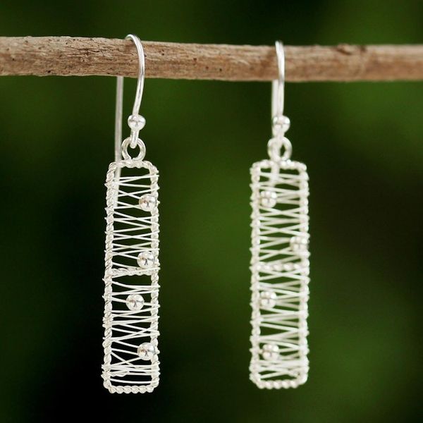 Alternate image for Sterling Silver Rectangular Wire Thai Dangle Earrings Chiang Mai River