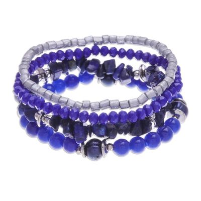 Alternate image for Set of 4 Blue Beaded Stretch Bracelets from Thailand Fancy Dream in Blue