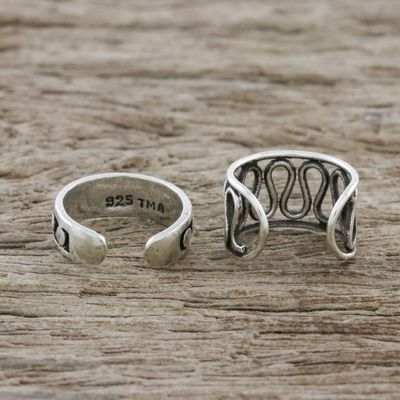 Alternate image for Circle and Wave Motif Sterling Silver Ear Cuffs Simple Style