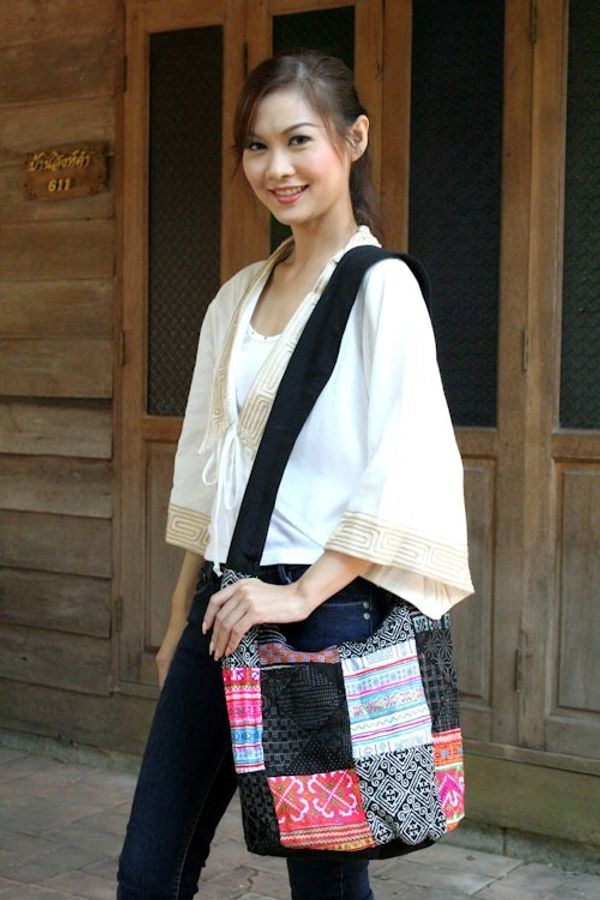 Alternate image for Handcrafted Hill Tribe Patchwork Sling Bag Hmong Tradition