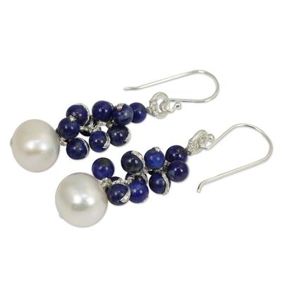 Alternate image for Handmade Cultured Pearl and Lapis Lazuli Cluster Earrings Blue Sonata