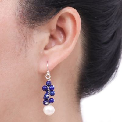 Alternate image for Handmade Cultured Pearl and Lapis Lazuli Cluster Earrings Blue Sonata