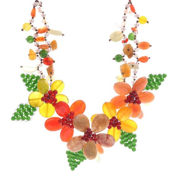 Alternate image for Warm and Green-Toned Floral Multi-Gemstone Beaded Necklace Summer Petals