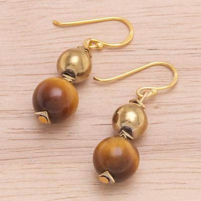 Alternate image for Gold-Plated Tigers Eye and Hematite Dangle Earrings Tiger Charm