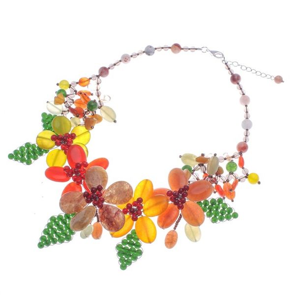 Alternate image for Warm and Green-Toned Floral Multi-Gemstone Beaded Necklace Summer Petals