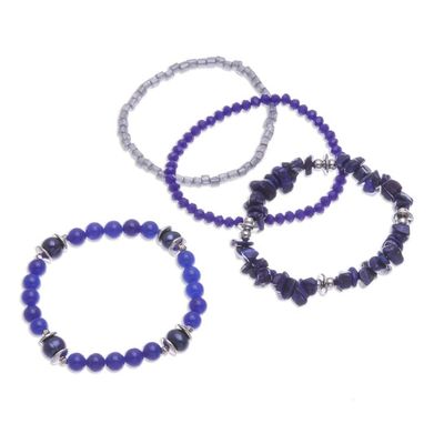 Alternate image for Set of 4 Blue Beaded Stretch Bracelets from Thailand Fancy Dream in Blue
