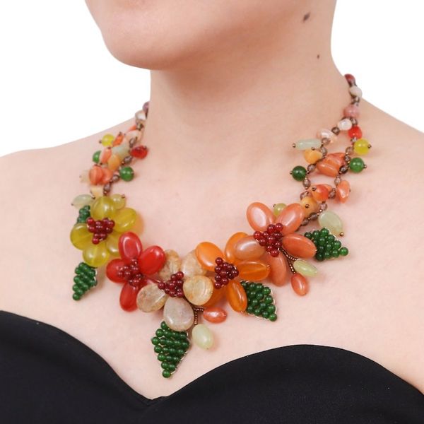Alternate image for Warm and Green-Toned Floral Multi-Gemstone Beaded Necklace Summer Petals