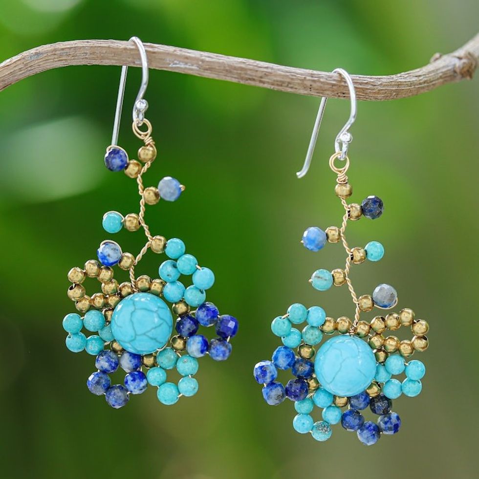Blue-Toned Howlite and Lapis Lazuli Beaded Dangle Earrings 'Aquatic Atoms'