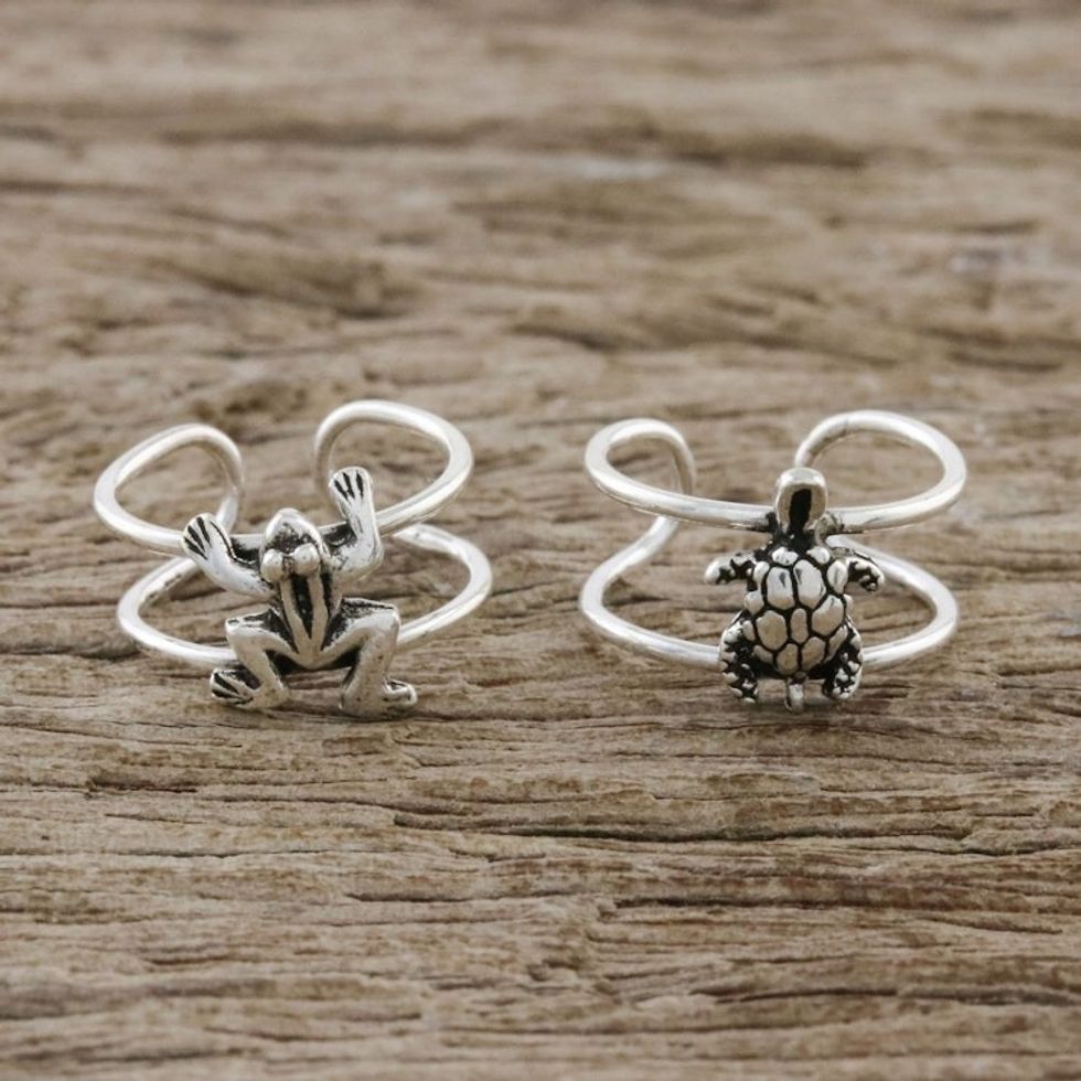 Frog and Turtle Sterling Silver Ear Cuffs from Thailand 'Frog and Turtle'