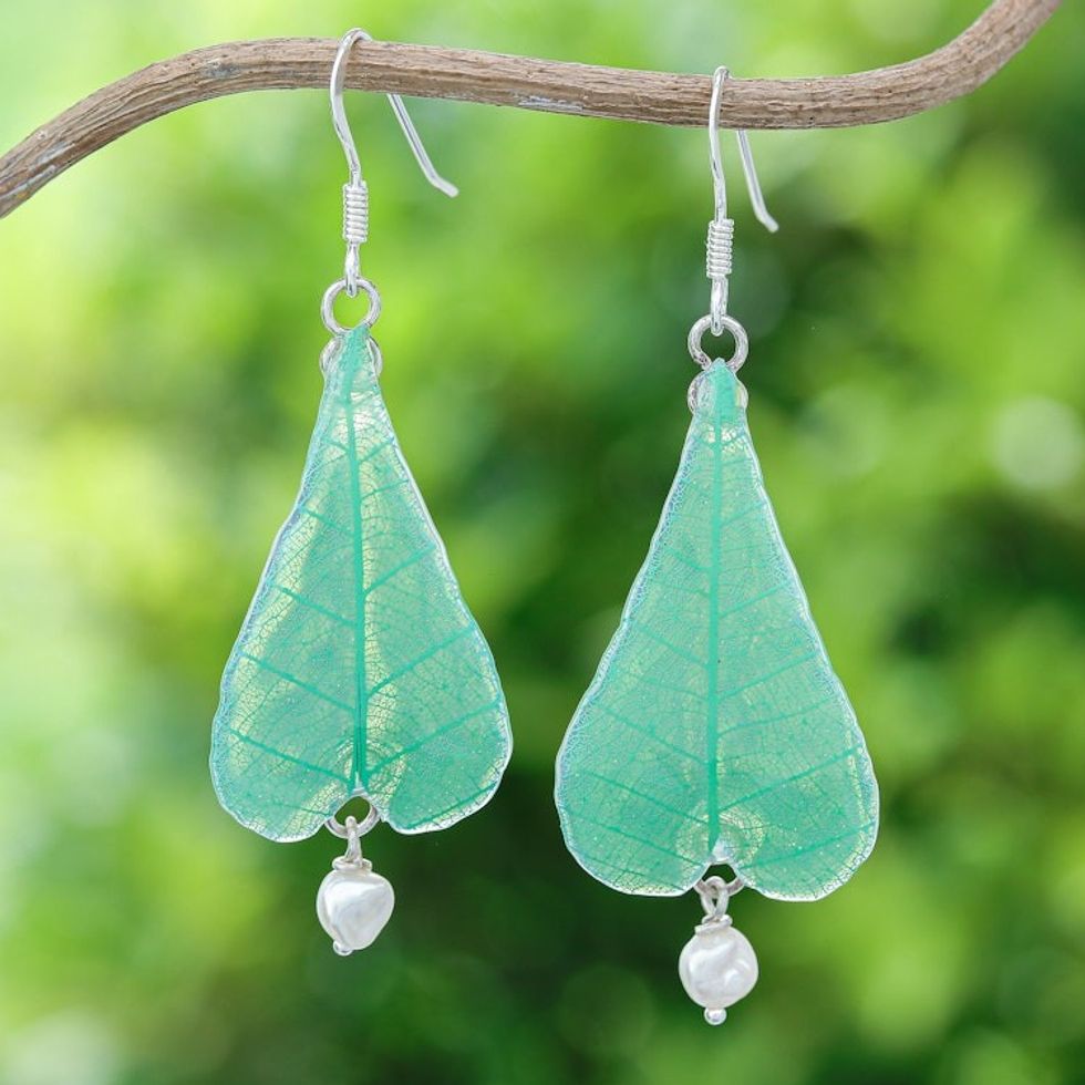 Cultured Pearl and Natural Leaf Dangle Earrings in Green 'Green Heart of Nature'