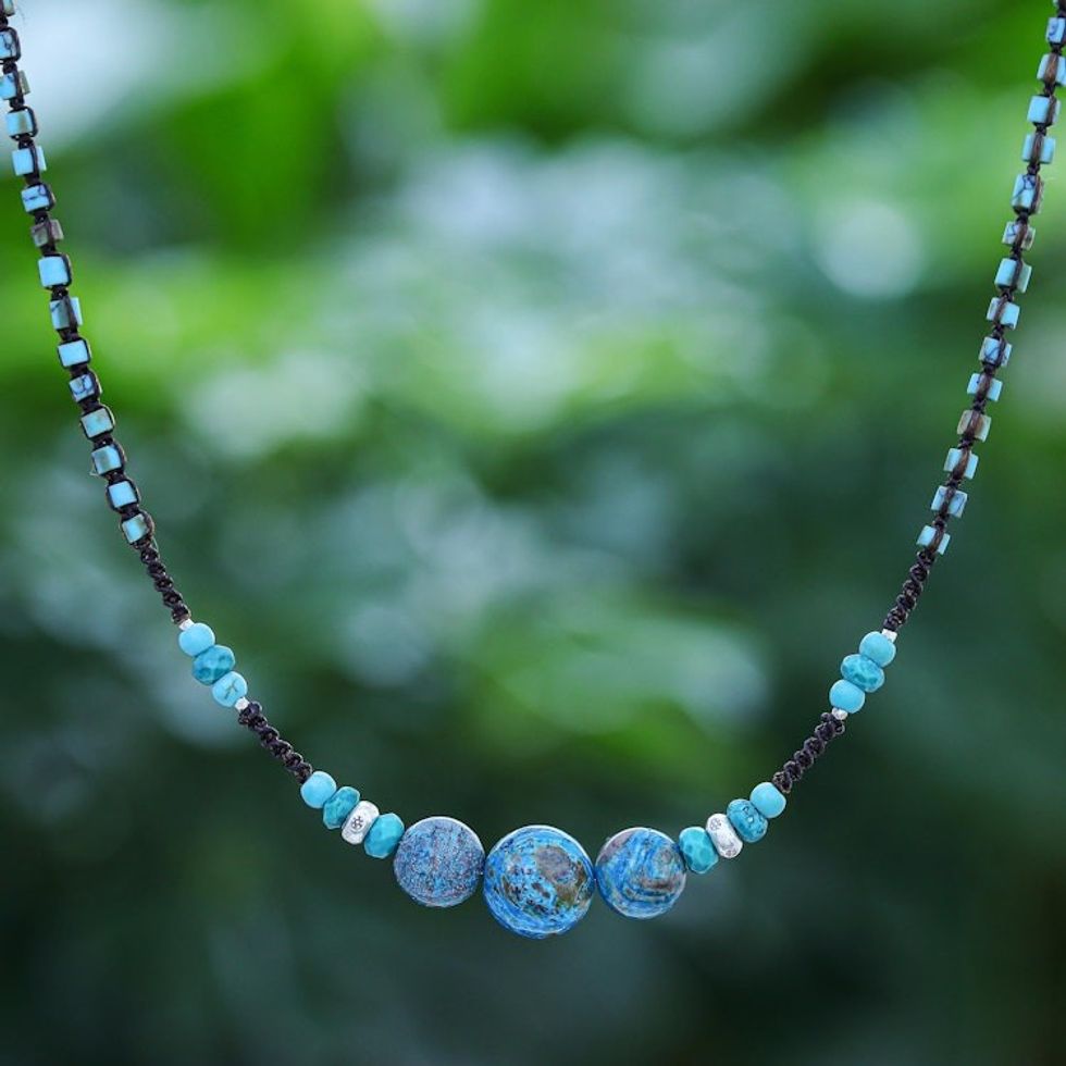 Multi-Gemstone Beaded Macrame Pendant Necklace from Thailand 'Charming Waters'