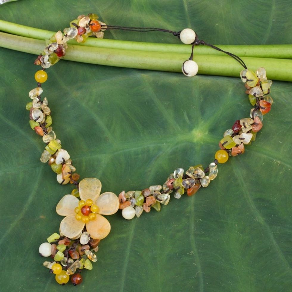 Fair Trade Floral Beaded Quartz Necklace 'Dazzling Bloom'