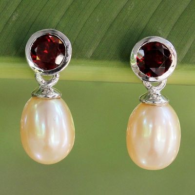 Alternate image for Hand Crafted Garnet and Cultured Pearl Earrings Halo Light