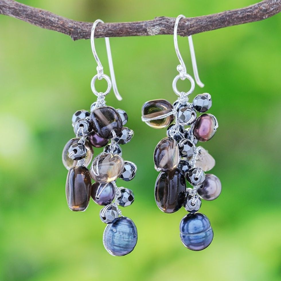 Cultured Pearl and Smoky Quartz Dangle Earrings 'Wishing Pool'