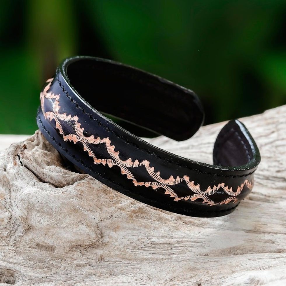 Diamond Pattern Leather Cuff Bracelet in Black from Thailand 'Thai Pattern in Black'