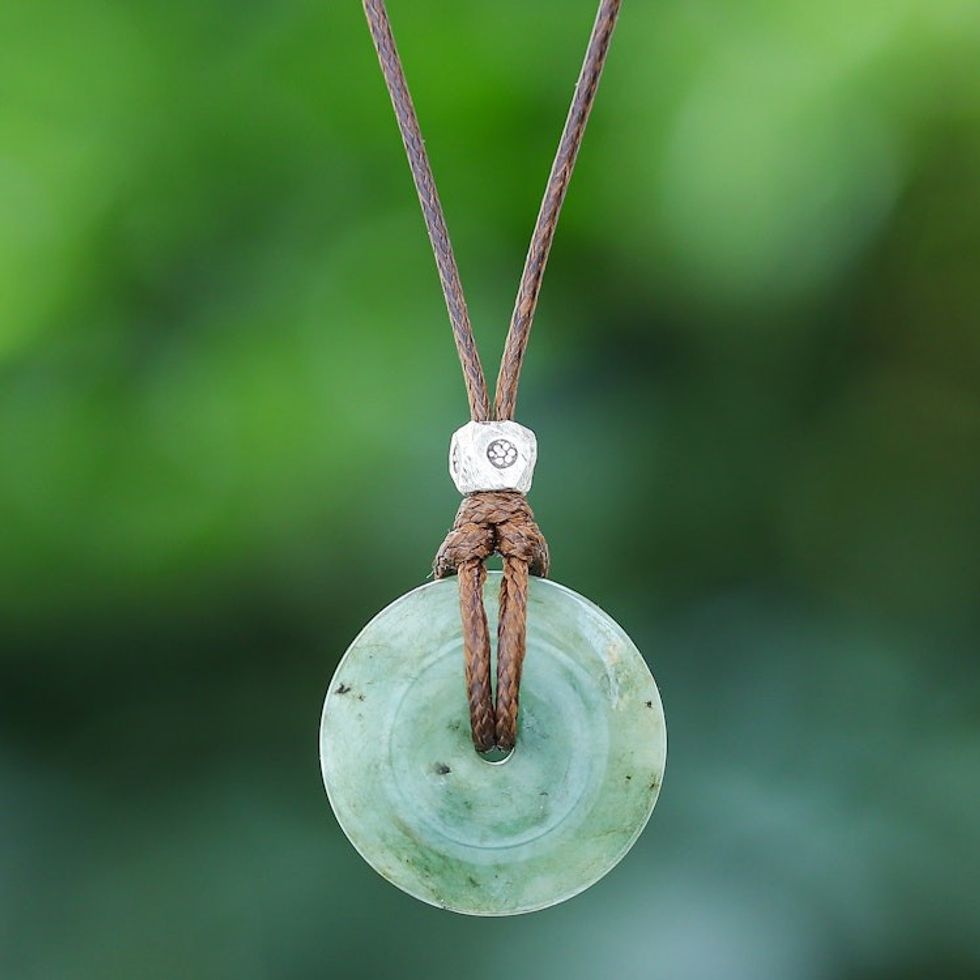 Silver and Natural Jade Pendant Necklace from Thailand 'Noble Core'