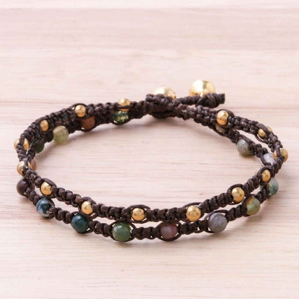 Brass Bracelet Green Brown Gems Braided Jewelry 'Green Boho Chic'