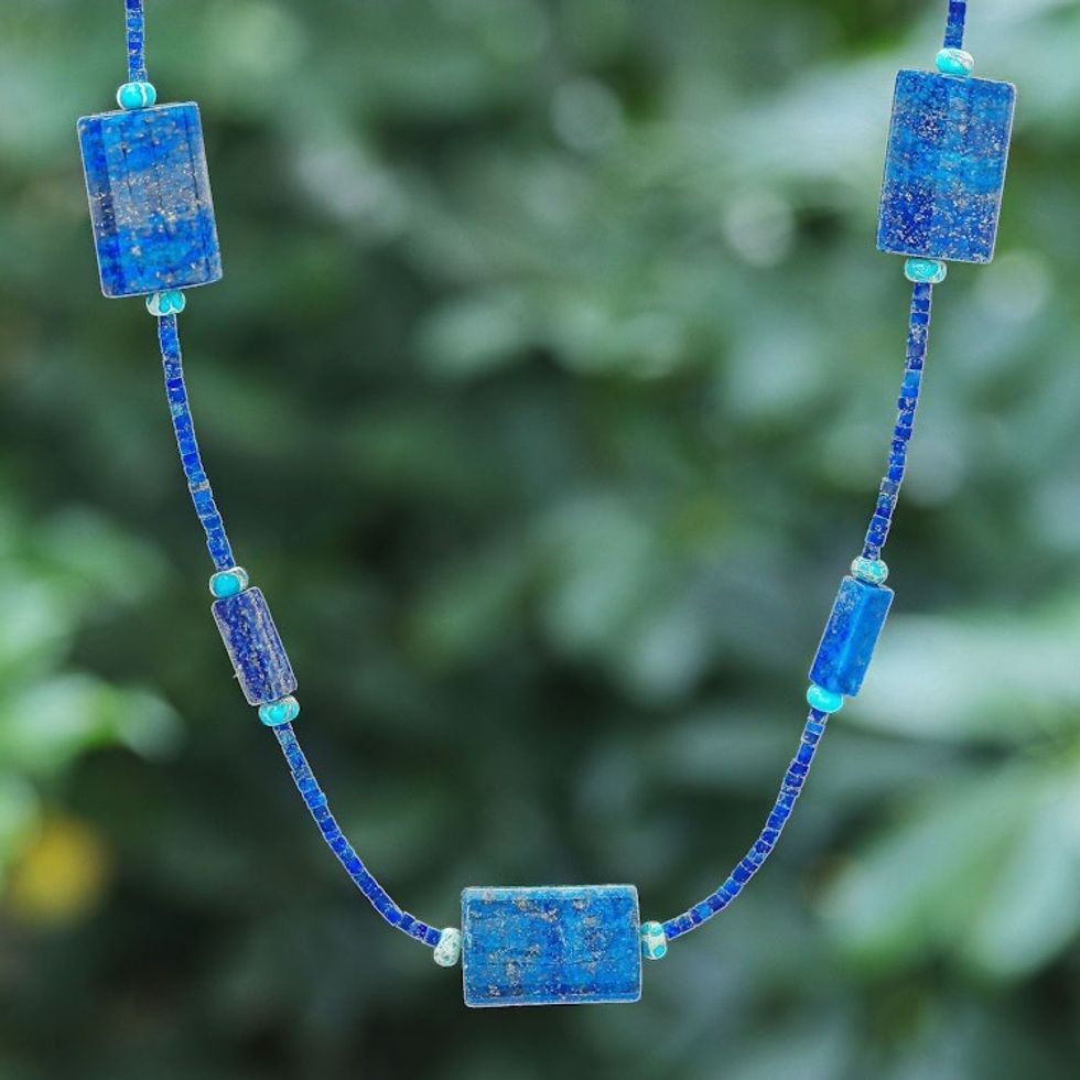 Lapis Lazuli and Jasper Beaded Necklace from Thailand 'Midnight Chill'