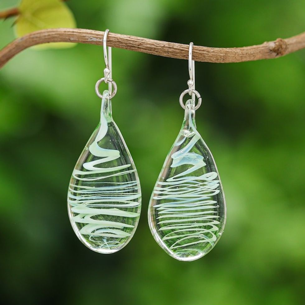 Handblown Glass Dangle Earrings with Green  White Spirals 'Green Ovate Leaf'