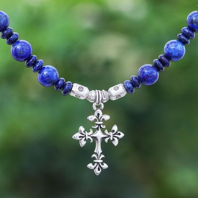 Alternate image for Handmade Lapis Lazuli Beaded Pendant Necklace Sky and Sea Cross
