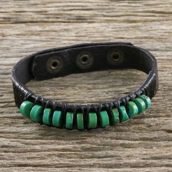 Alternate image for Mens Brown Leather Recon Turquoise Wristband Bracelet Straight Path