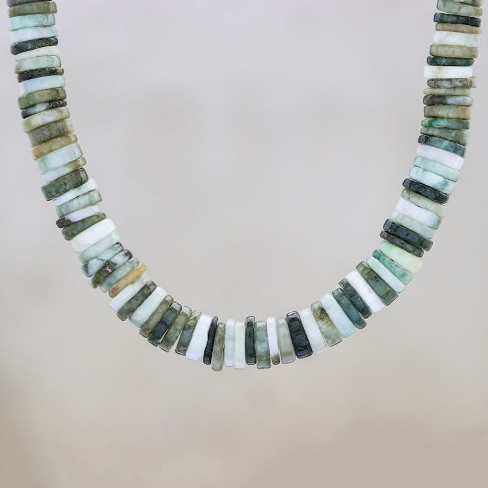 Jade Beaded Necklace in Green from Thailand 'Elegant Stones in Green'