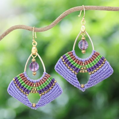 Alternate image for Handcrafted Purple Macrame Dangle Earrings with Glass Beads Purple Flight