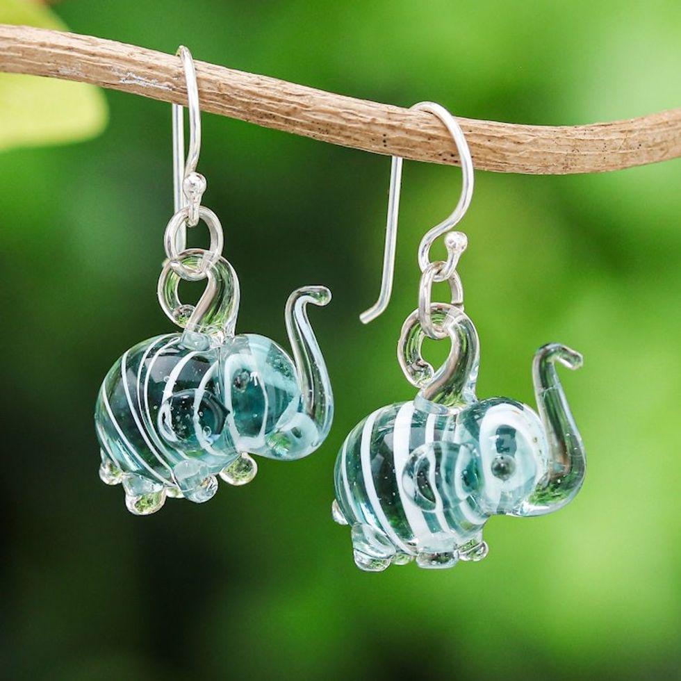 Handblown Glass Elephant Dangle Earrings from Thailand 'Elephant Glam'